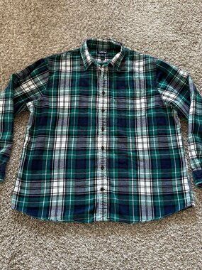 Lands' End Mens XXL Tall Flannel Shirt - Button Down Green Navy Plaid